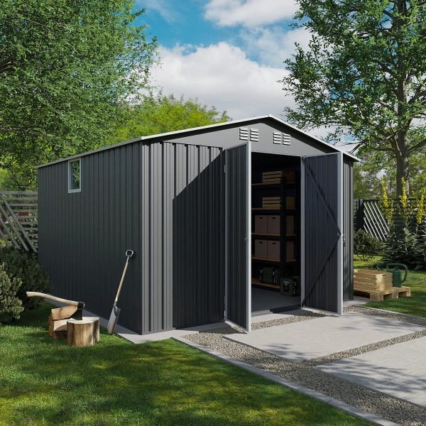 Domek ogrodowy narzędziowy metalowy NORDVIC Thor 283x313 cm - uchylne Drzwi, Ocynkowany, Dwuspadowy Dach, Wentylacja, Light Grey